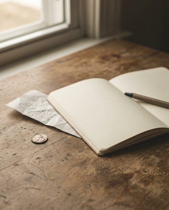 A coin and a folded receipt beside an open notebook