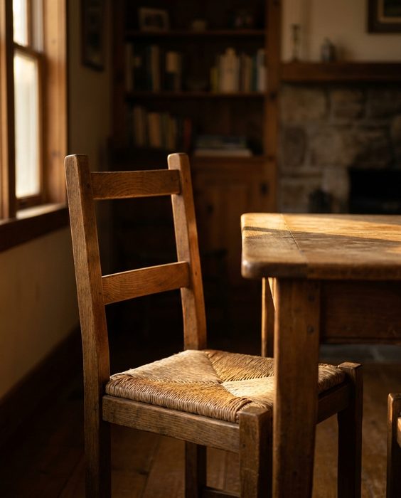 A plain wooden chair pulled up to a table in warm afternoon light