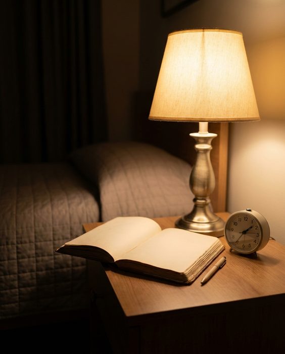 An open notebook and pen on a nightstand beside a lit lamp and a clock reading past two