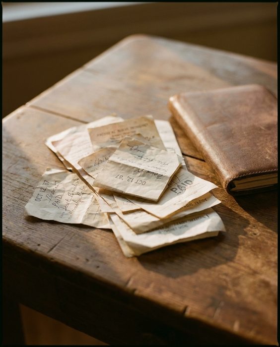 A small handful of folded receipts and notes beside a closed notebook