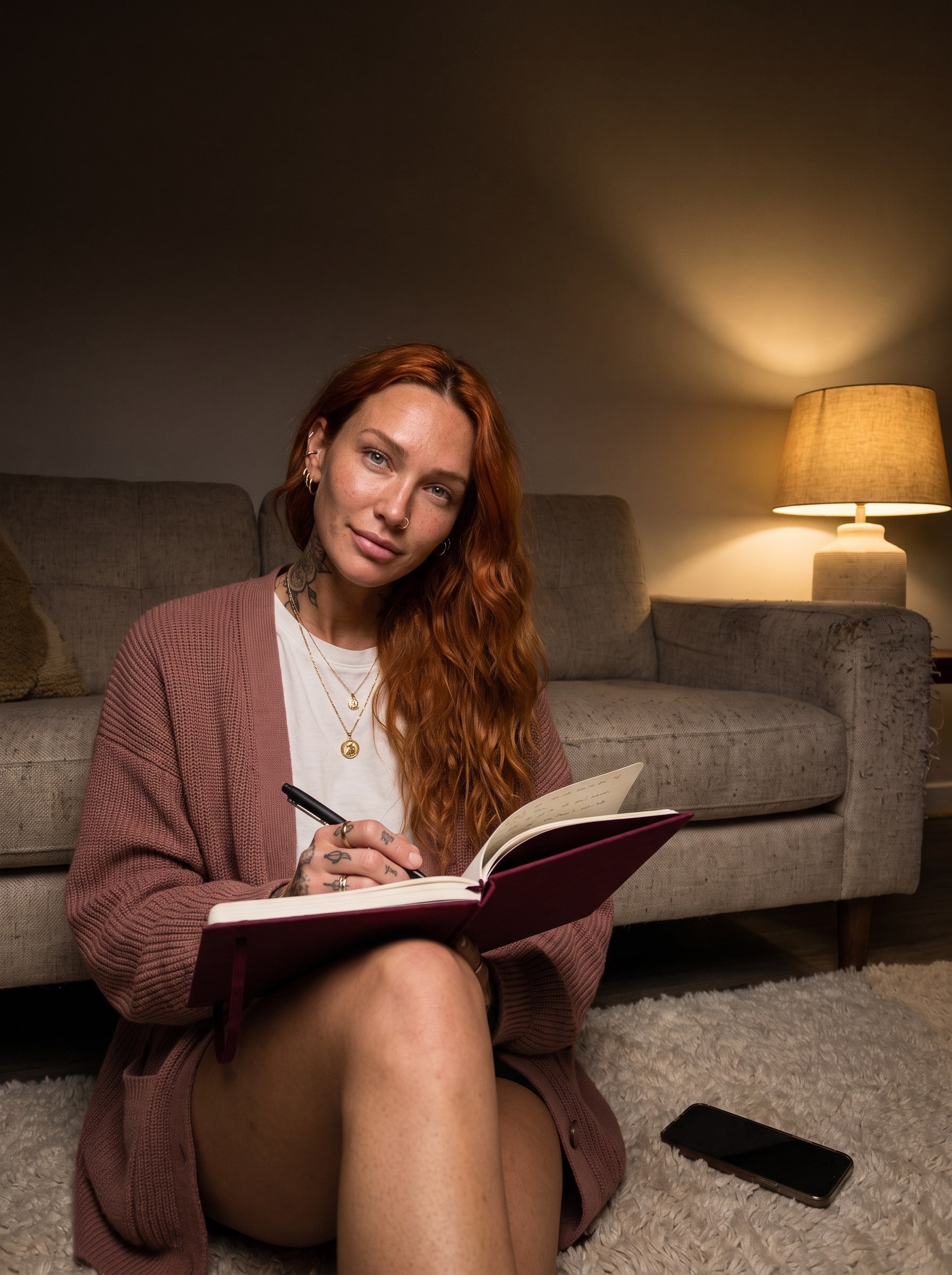 Ruby on her living room floor at night, writing in a wine-red journal, her phone face down on the rug.