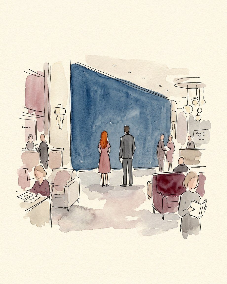 Watercolor: a hotel lobby with one deep blue wall, a woman in red and a man looking at it.