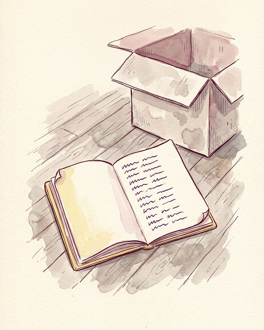 Watercolor: an open moving box and a notebook lying open on a wooden floor.