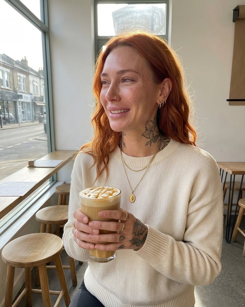 Ruby in a sweater holding a caramel latte by a café window.