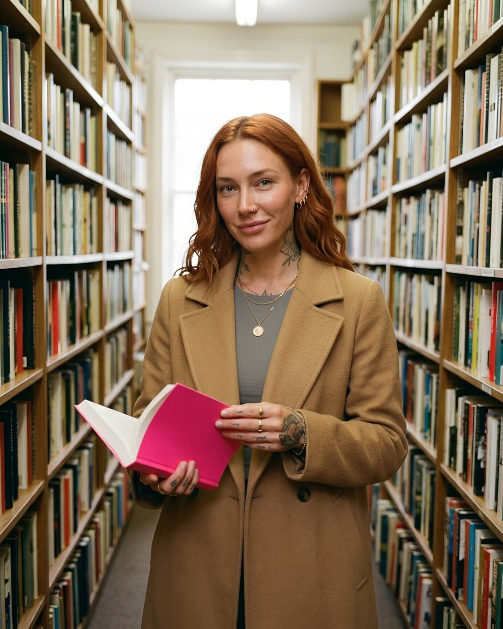 Ruby in a camel coat between bookshelves, holding a book with a pink cover.