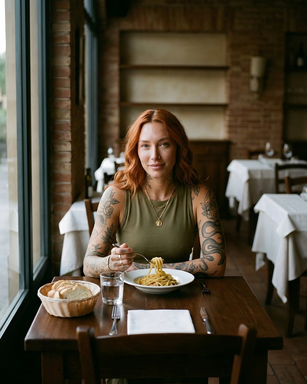Ruby eating pasta alone at a small table by a restaurant window.