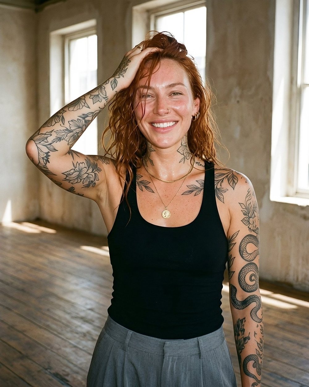 Ruby laughing with a hand in her hair, in a sunlit dance studio.