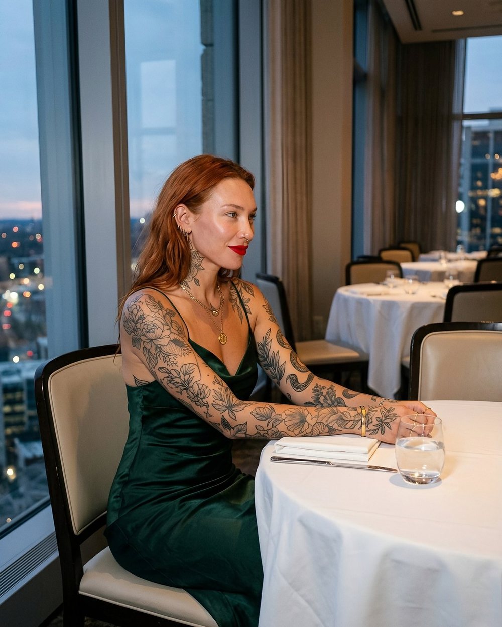 Ruby in a green dress at a white-clothed table, city lights behind her.