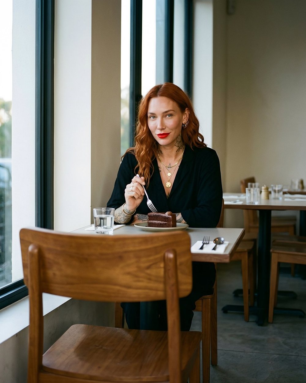 Ruby at a small café table, an empty wooden chair across from her.