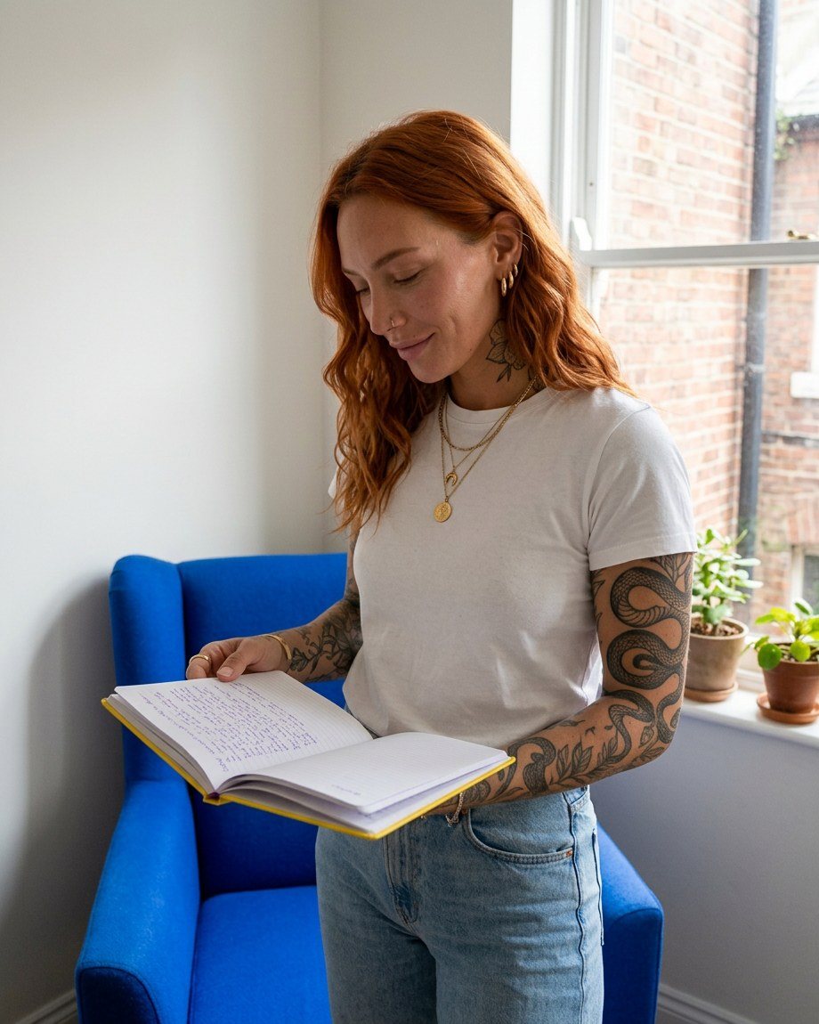 Ruby reading a yellow notebook beside a bright blue armchair.