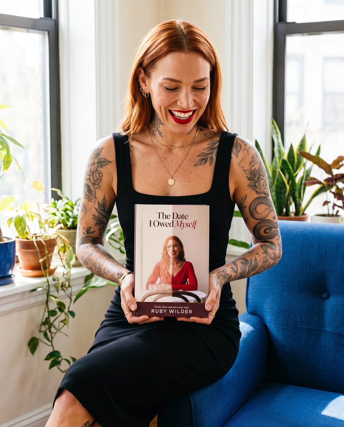 Ruby Wilder laughing while looking down at her book The Date I Owed Myself, in a sunlit reading nook beside a blue armchair.