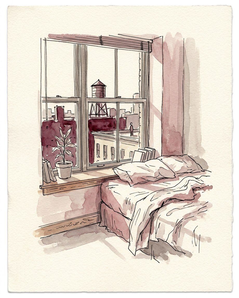 A bed by a window, late at night