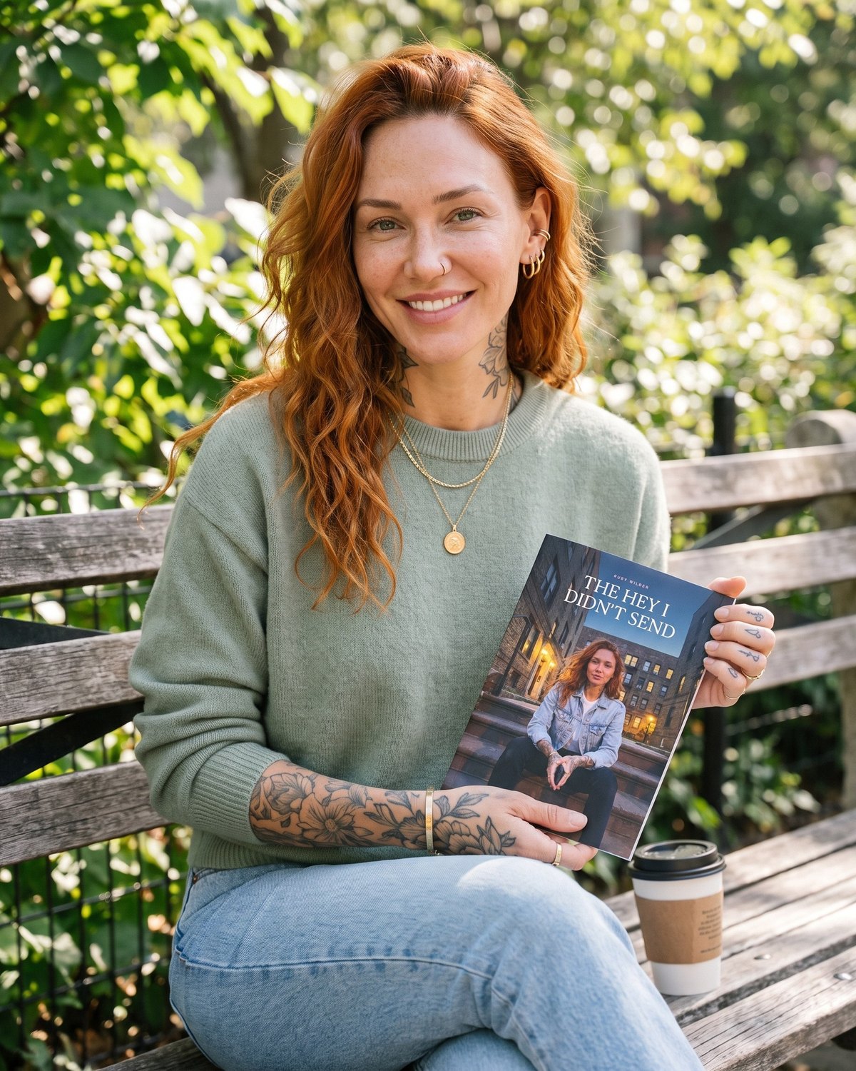 Ruby Wilder on a park bench in the morning, holding up a printed copy of The Hey I Didn't Send